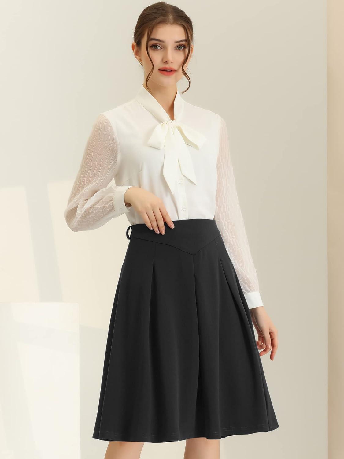 imageAllegra K Womens Office Work Skirts Belted Waist Midi ALine Pleated SkirtBlack