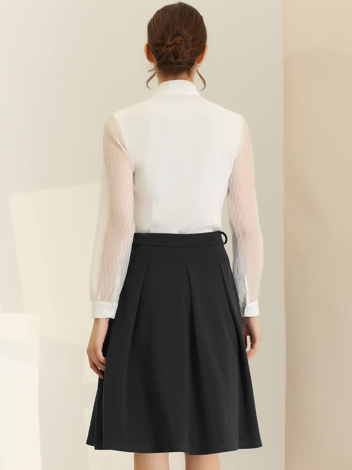 imageAllegra K Womens Office Work Skirts Belted Waist Midi ALine Pleated SkirtBlack