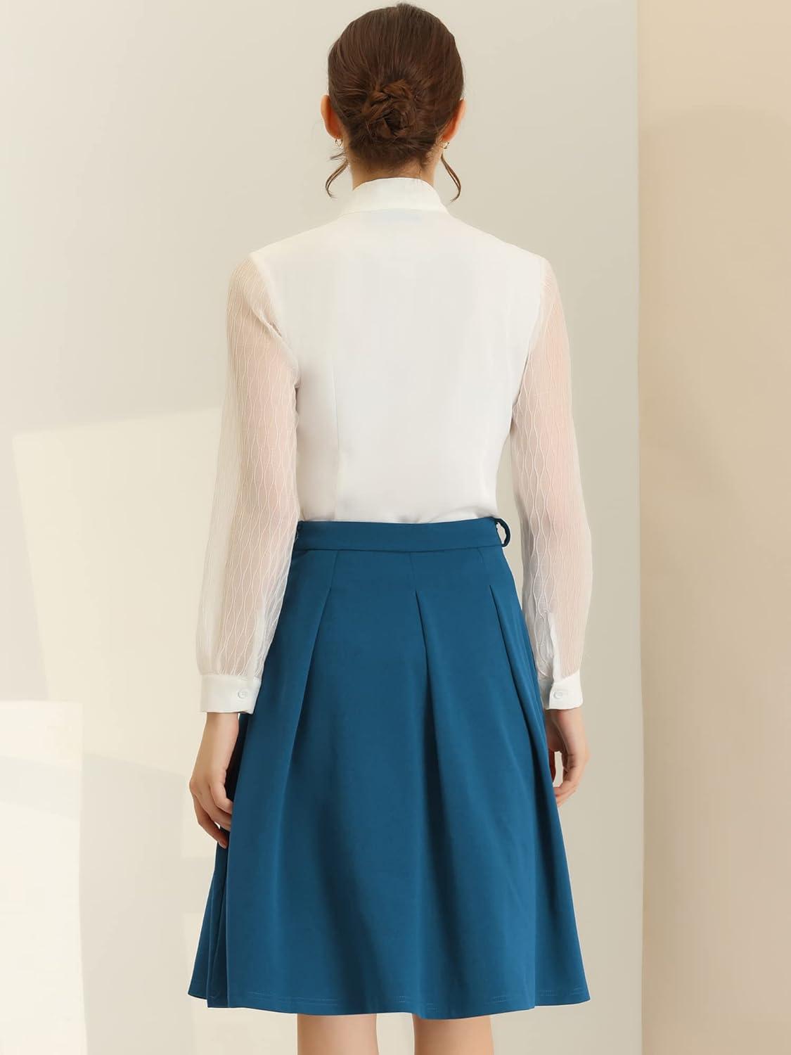 imageAllegra K Womens Office Work Skirts Belted Waist Midi ALine Pleated SkirtBlue