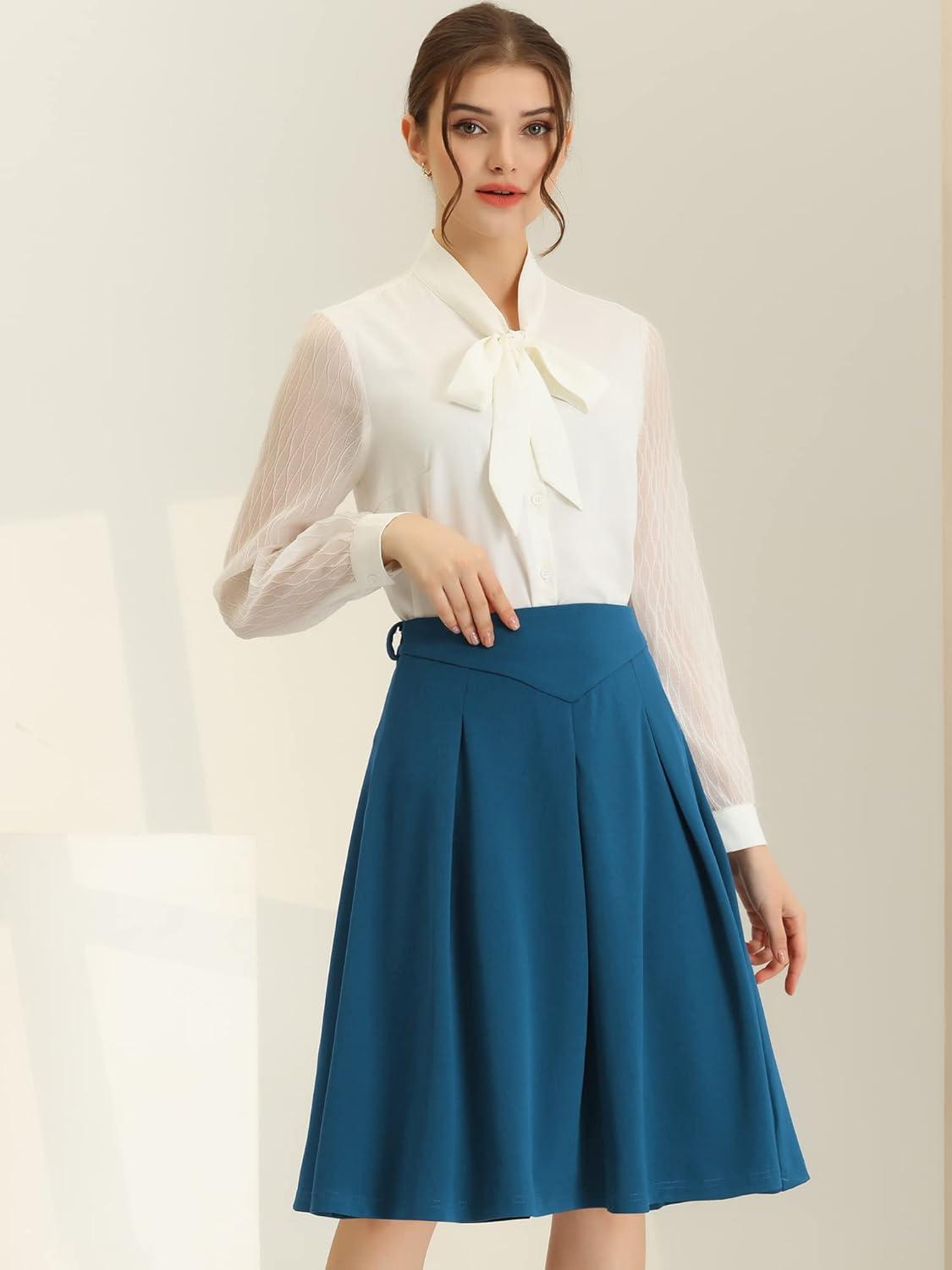 imageAllegra K Womens Office Work Skirts Belted Waist Midi ALine Pleated SkirtBlue
