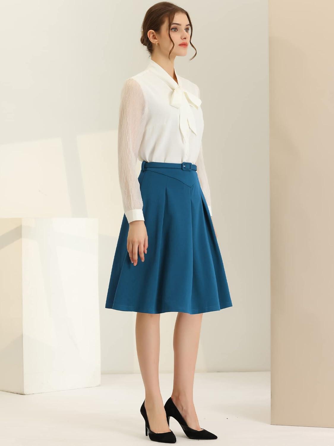 imageAllegra K Womens Office Work Skirts Belted Waist Midi ALine Pleated SkirtBlue