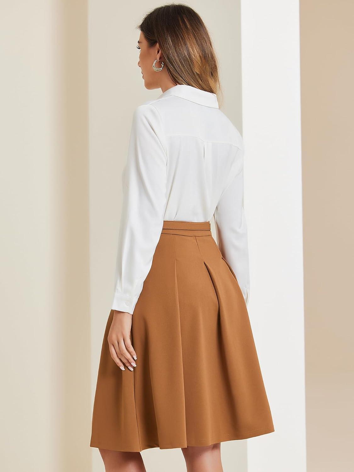 imageAllegra K Womens Office Work Skirts Belted Waist Midi ALine Pleated SkirtBrown