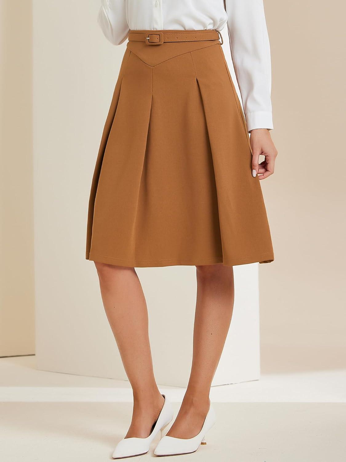 imageAllegra K Womens Office Work Skirts Belted Waist Midi ALine Pleated SkirtBrown