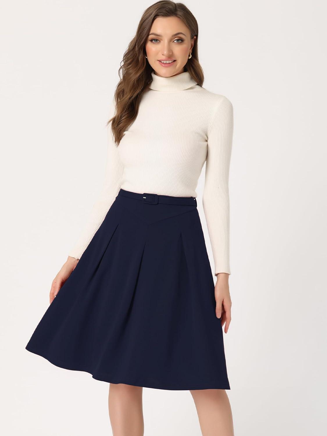 imageAllegra K Womens Office Work Skirts Belted Waist Midi ALine Pleated SkirtDark Blue