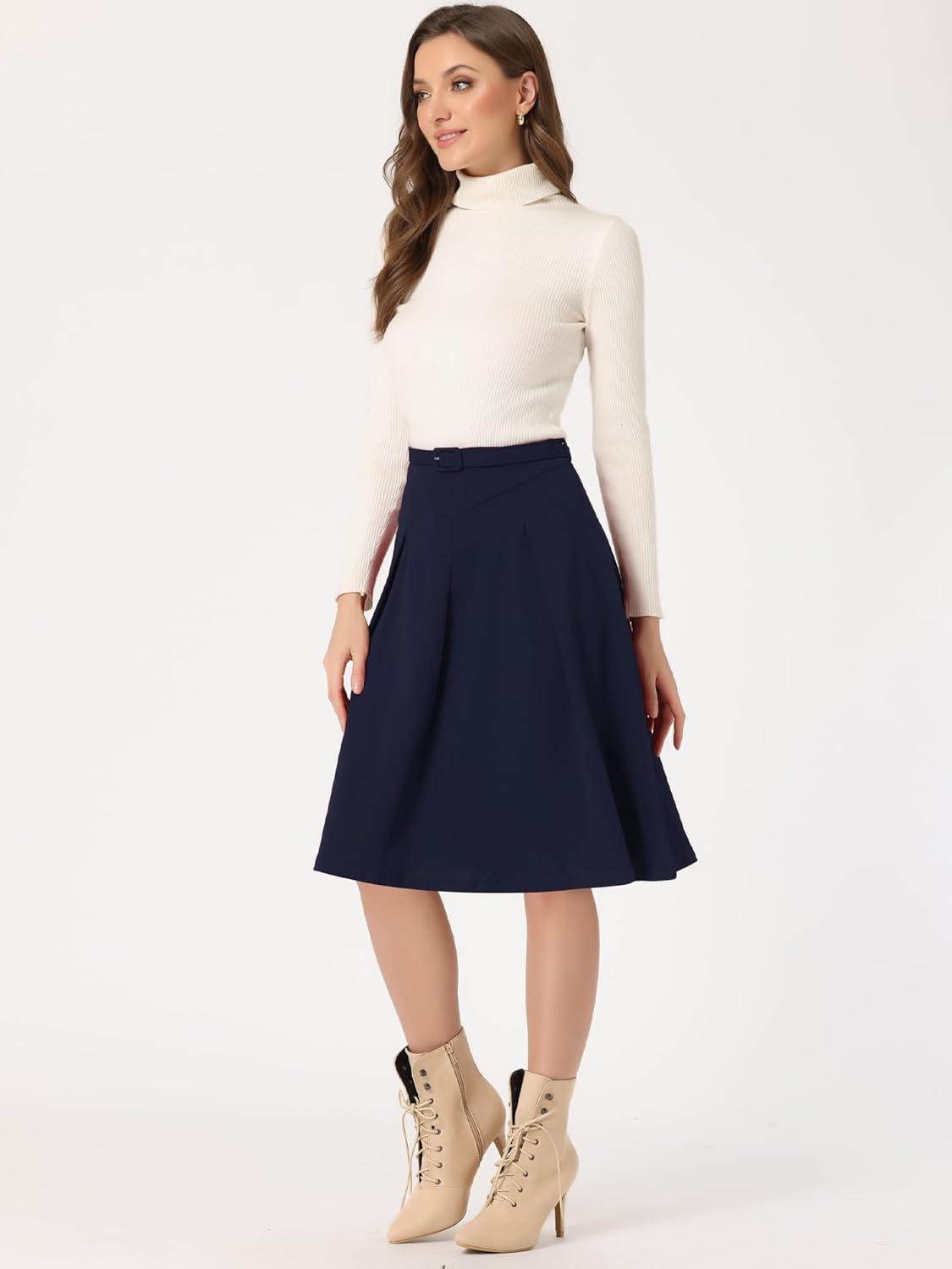 imageAllegra K Womens Office Work Skirts Belted Waist Midi ALine Pleated SkirtDark Blue