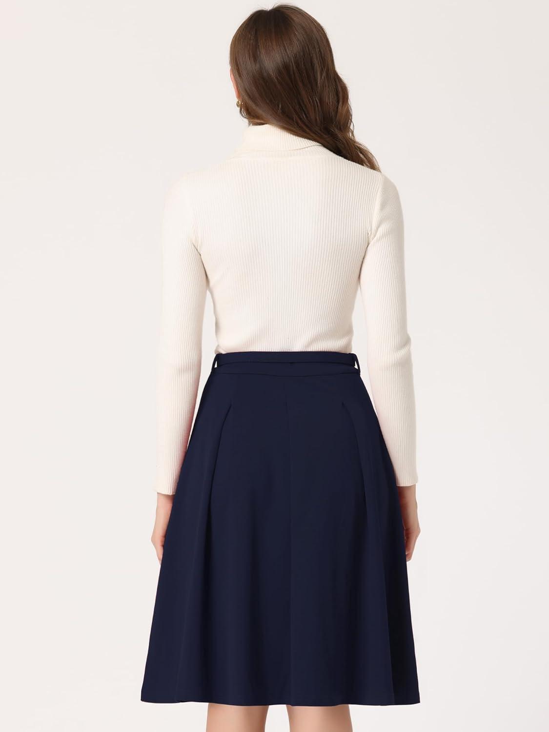 imageAllegra K Womens Office Work Skirts Belted Waist Midi ALine Pleated SkirtDark Blue