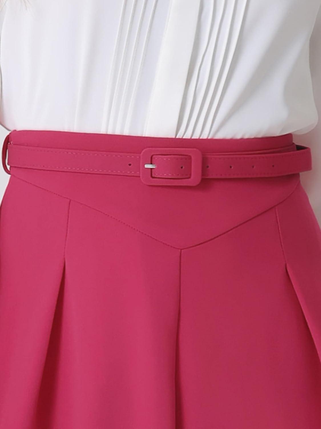 imageAllegra K Womens Office Work Skirts Belted Waist Midi ALine Pleated SkirtFuschia