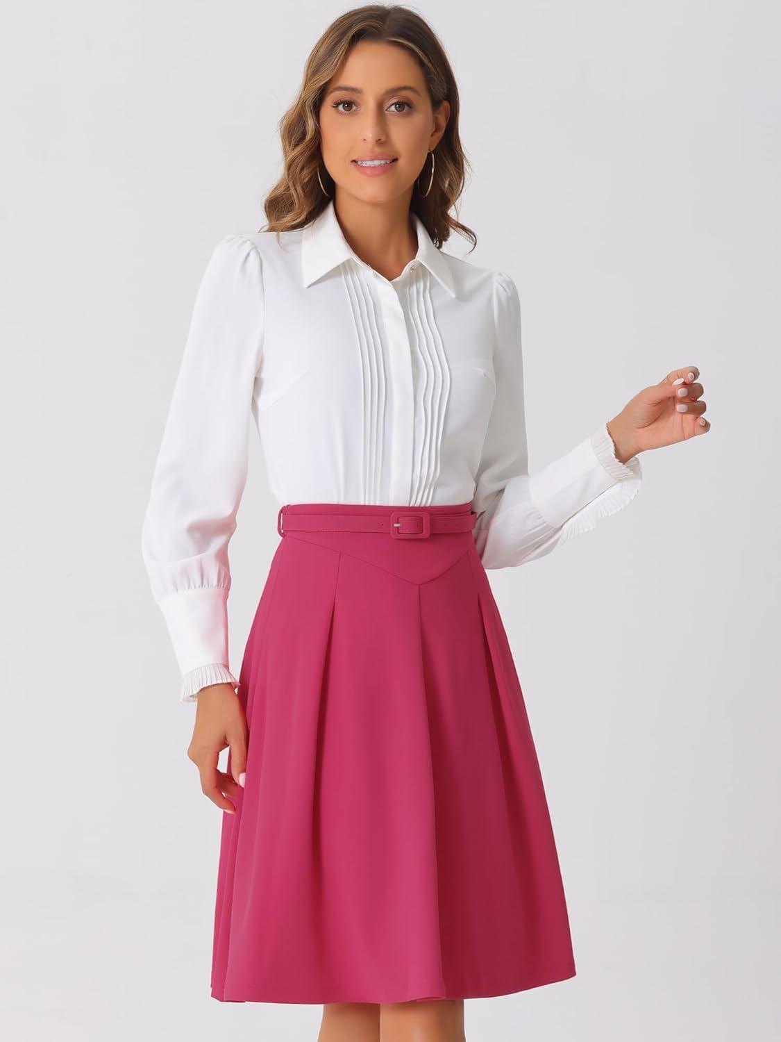 imageAllegra K Womens Office Work Skirts Belted Waist Midi ALine Pleated SkirtFuschia