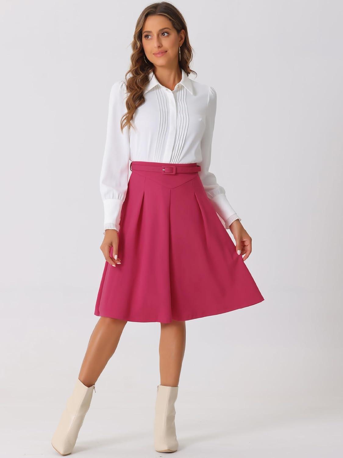 imageAllegra K Womens Office Work Skirts Belted Waist Midi ALine Pleated SkirtFuschia