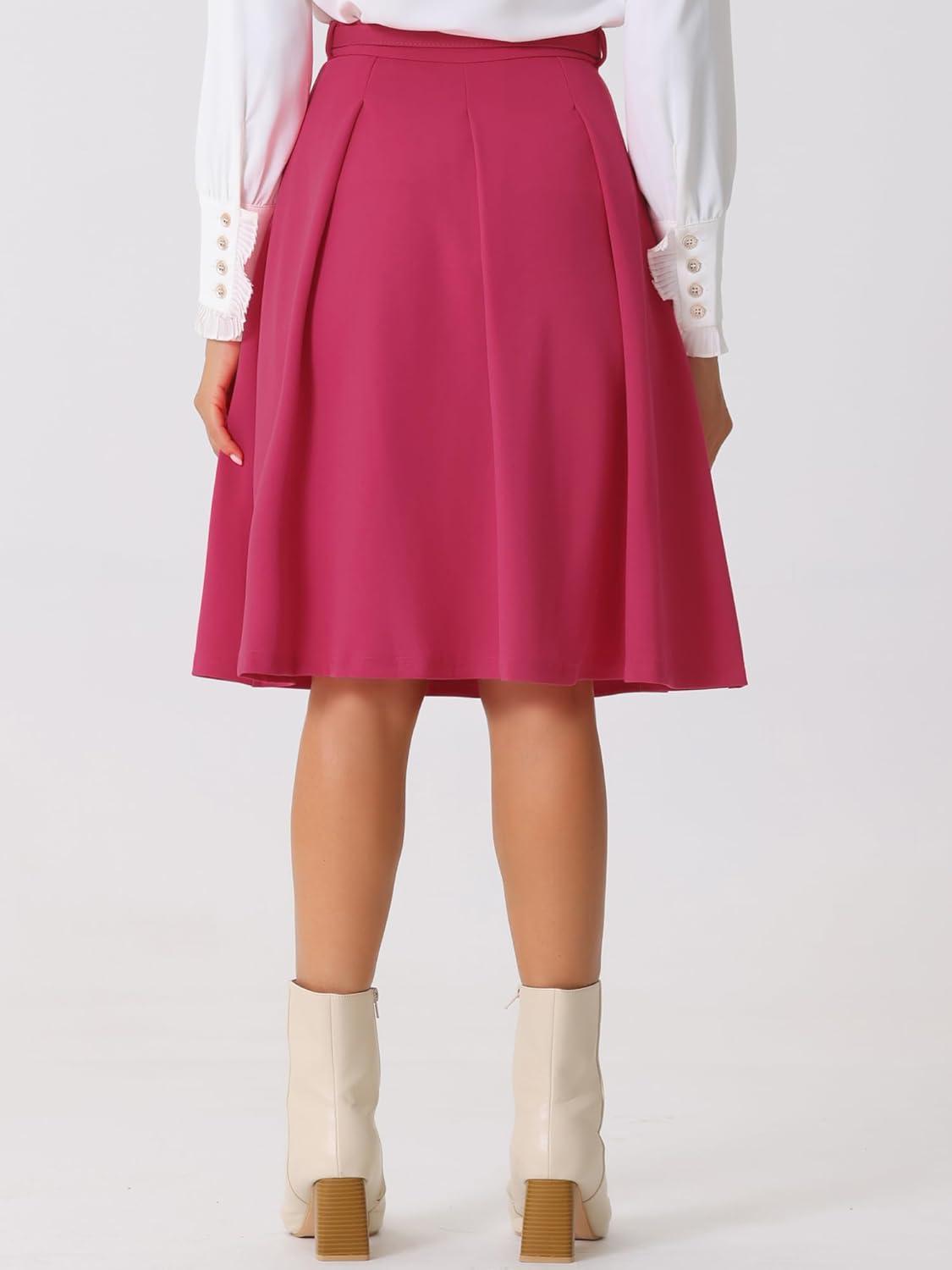 imageAllegra K Womens Office Work Skirts Belted Waist Midi ALine Pleated SkirtFuschia
