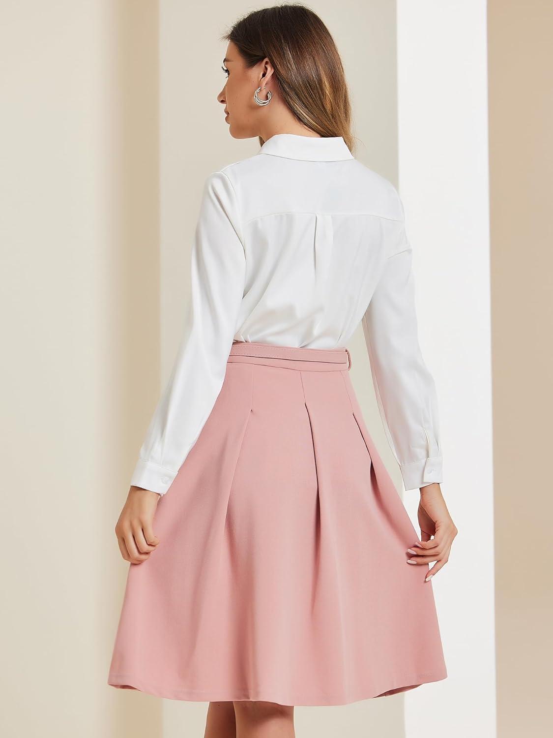 imageAllegra K Womens Office Work Skirts Belted Waist Midi ALine Pleated SkirtPink