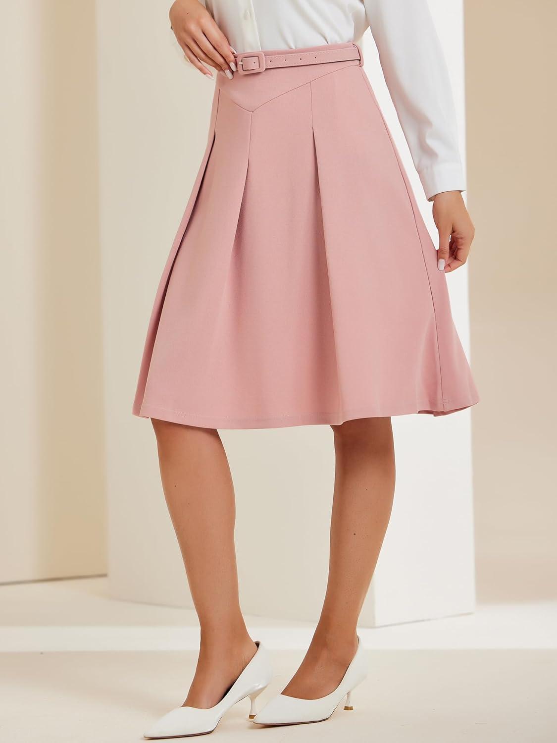 imageAllegra K Womens Office Work Skirts Belted Waist Midi ALine Pleated SkirtPink