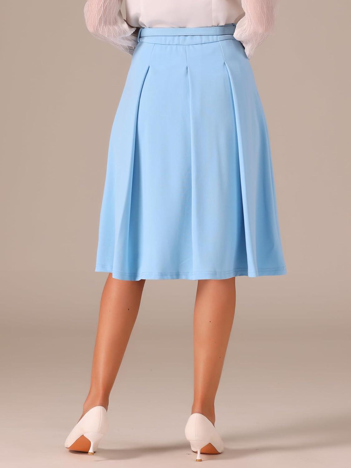 imageAllegra K Womens Office Work Skirts Belted Waist Midi ALine Pleated SkirtSky Blue