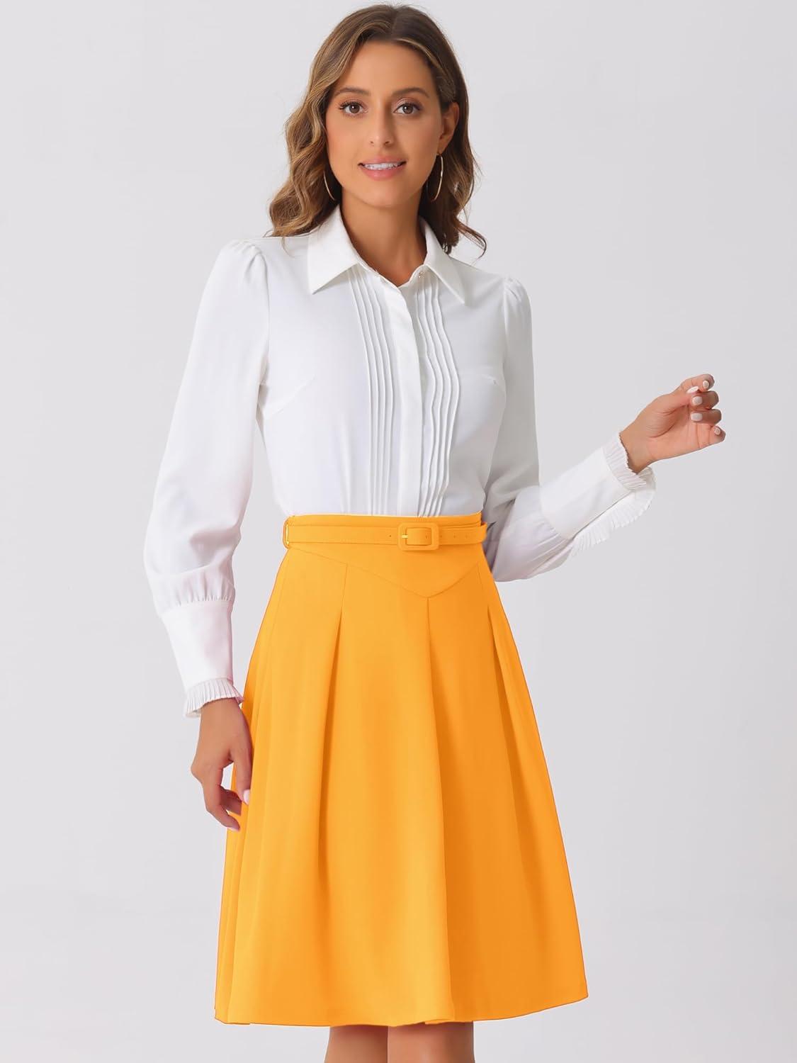 imageAllegra K Womens Office Work Skirts Belted Waist Midi ALine Pleated SkirtYellow