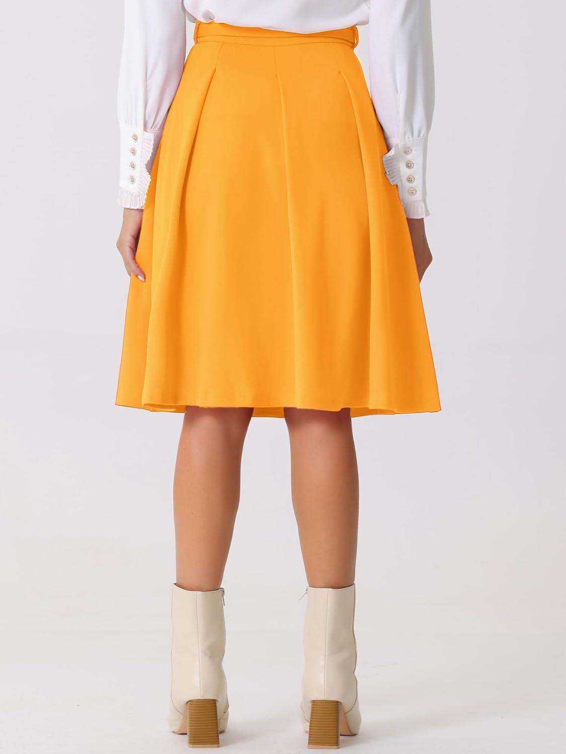 imageAllegra K Womens Office Work Skirts Belted Waist Midi ALine Pleated SkirtYellow