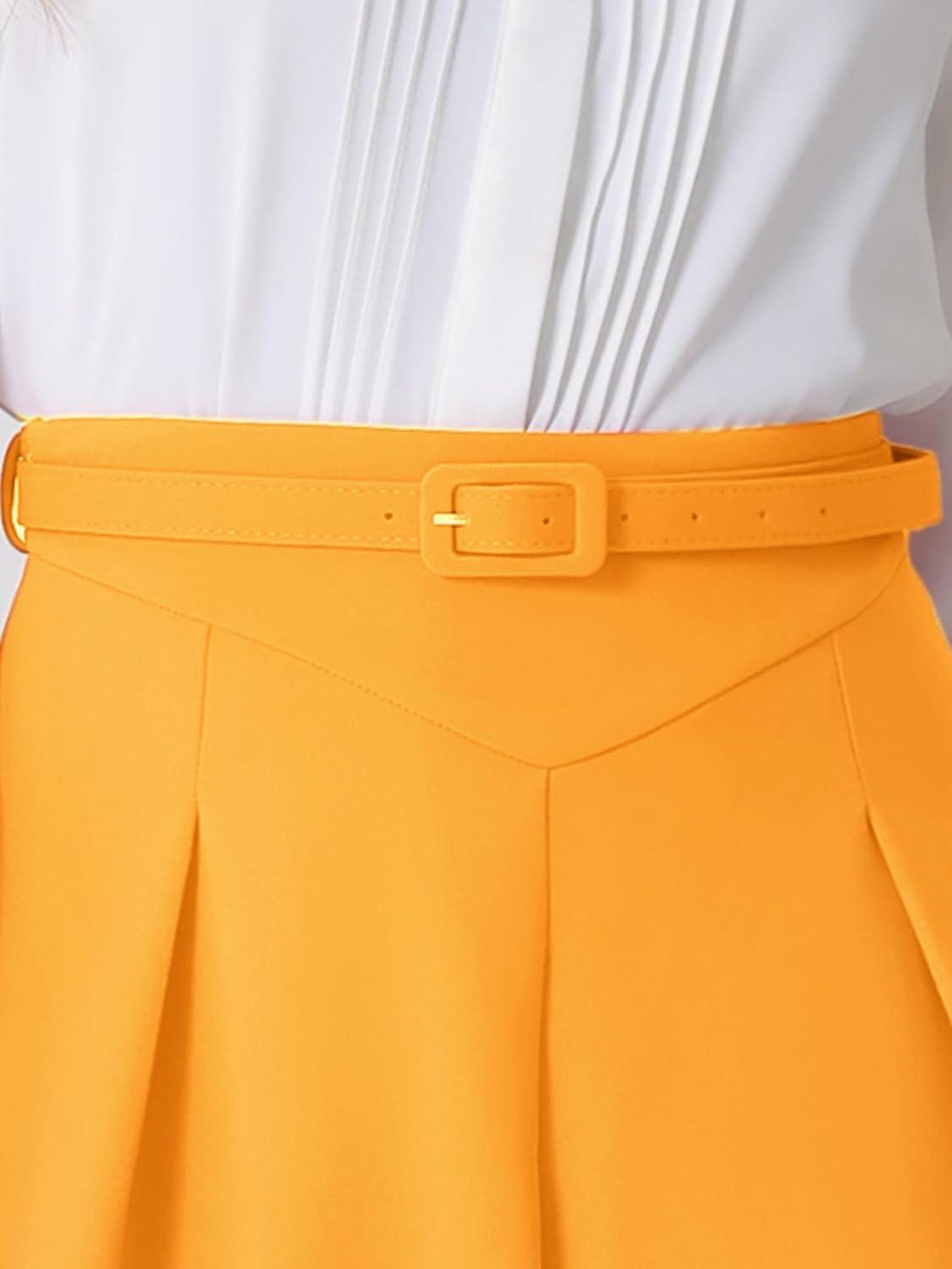imageAllegra K Womens Office Work Skirts Belted Waist Midi ALine Pleated SkirtYellow