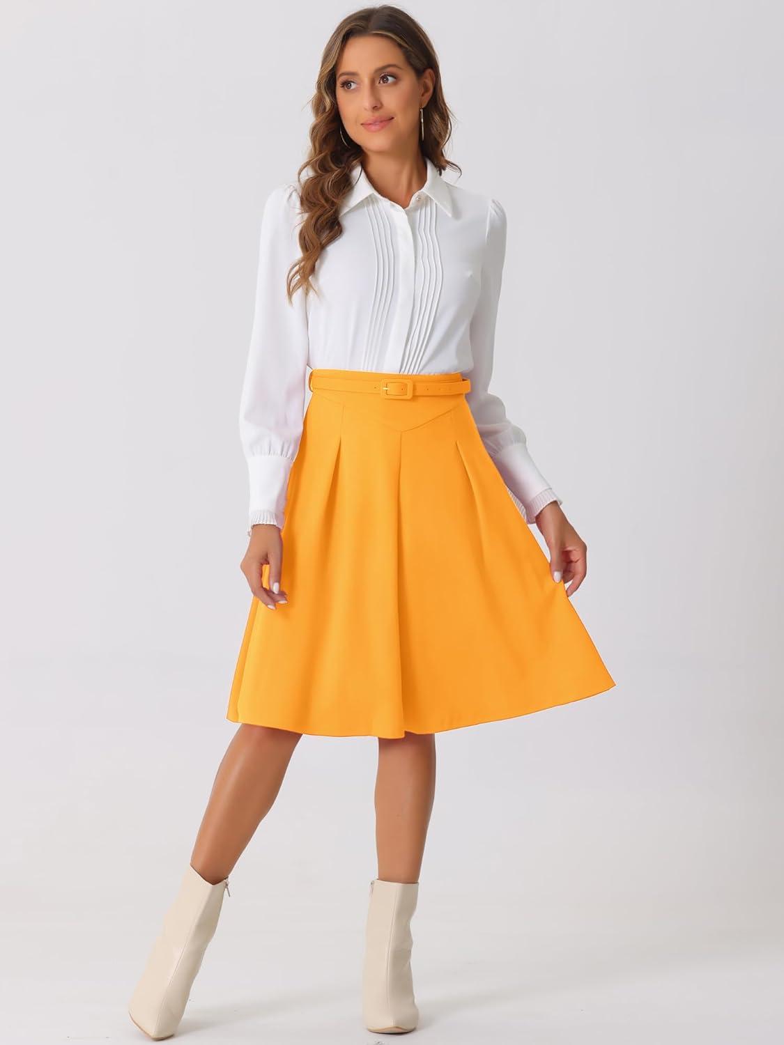 imageAllegra K Womens Office Work Skirts Belted Waist Midi ALine Pleated SkirtYellow