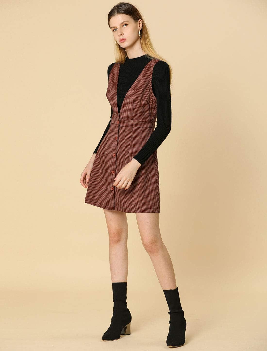 imageAllegra K Womens Overall Dresses Fall Jumper Halloween Houndstooth Pinafore Plaid DressesBrick Red