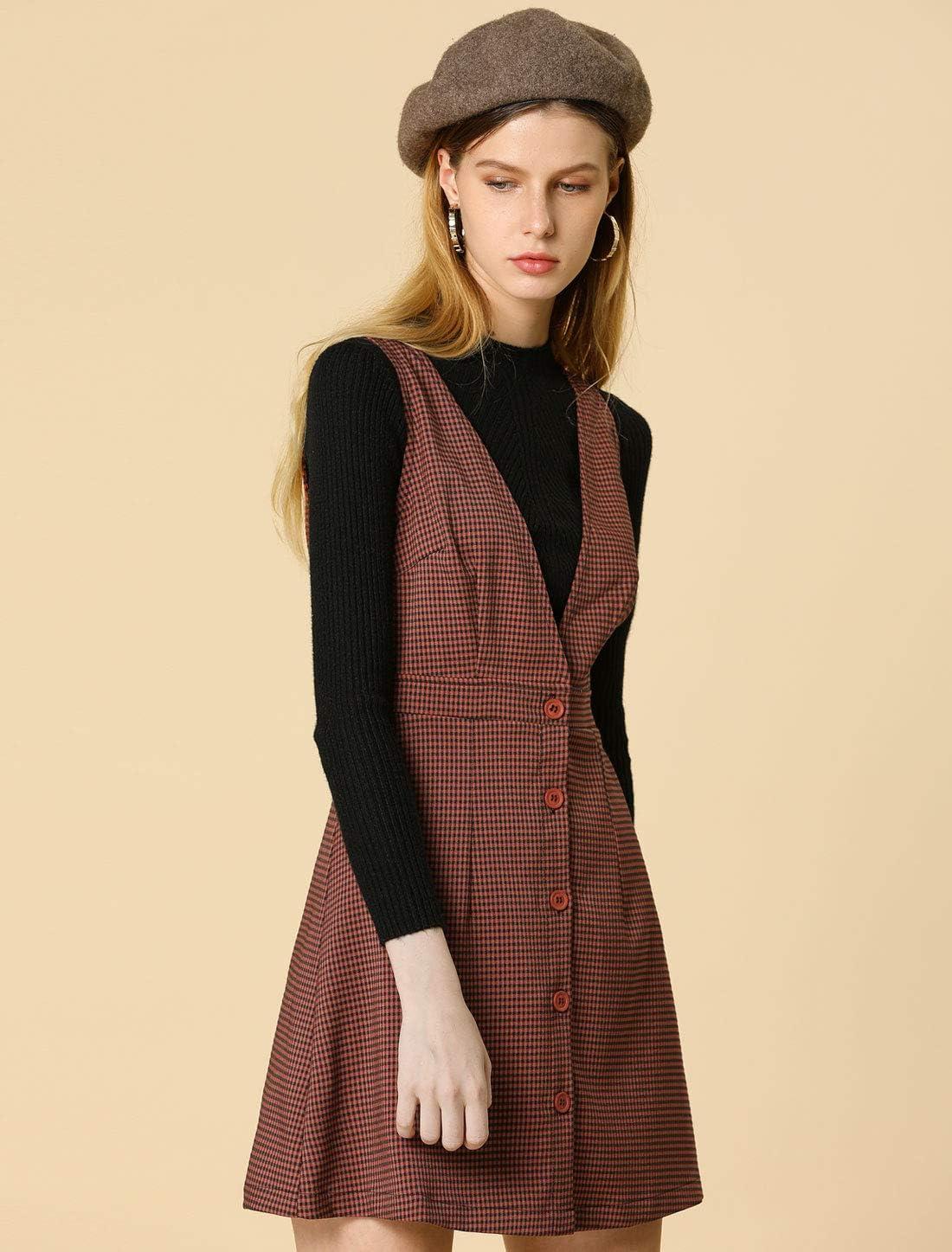 imageAllegra K Womens Overall Dresses Fall Jumper Halloween Houndstooth Pinafore Plaid DressesBrick Red