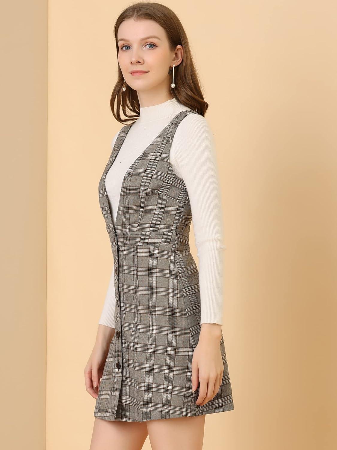 imageAllegra K Womens Overall Dresses Fall Jumper Halloween Houndstooth Pinafore Plaid DressesBrown Black