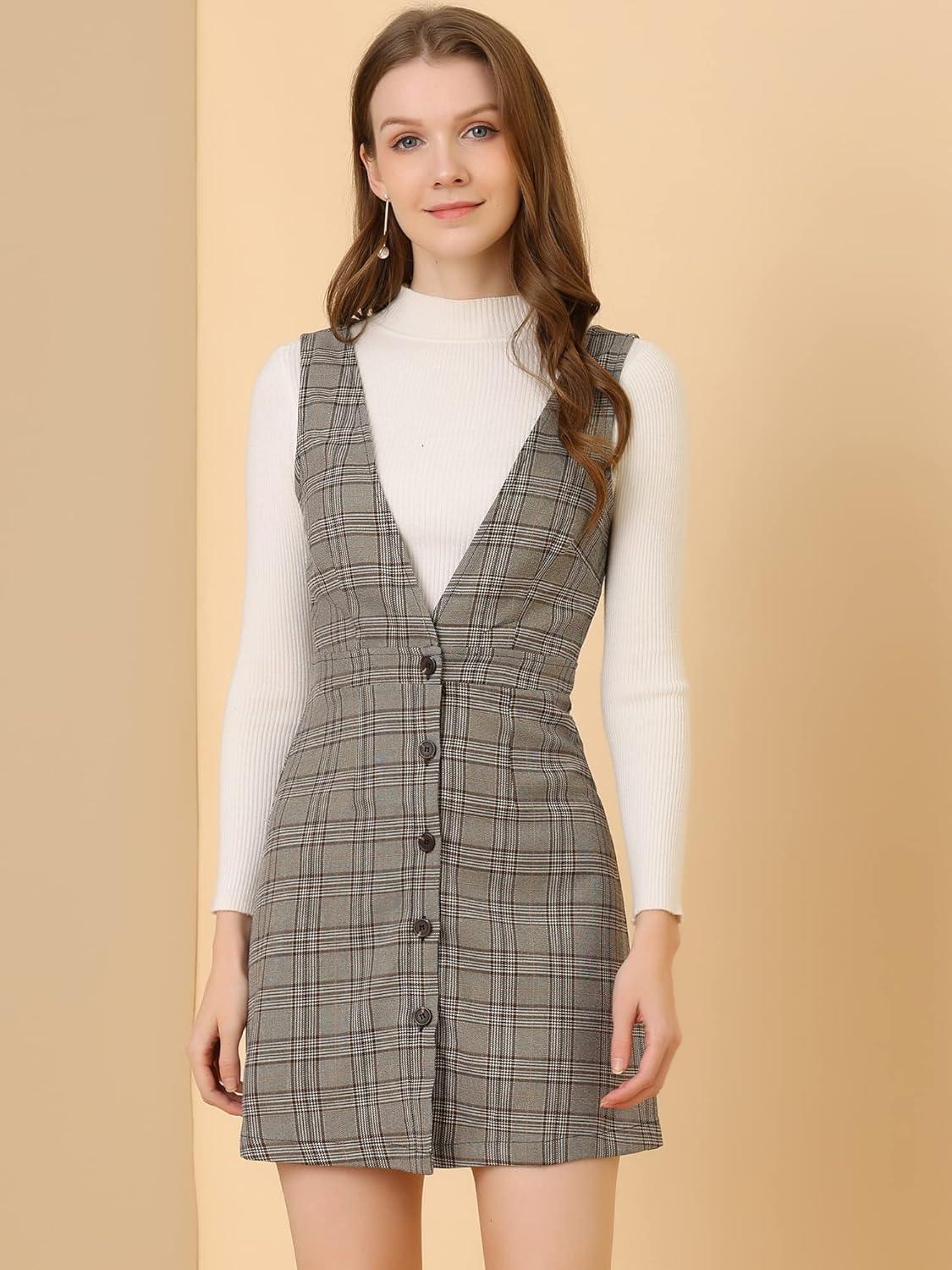 imageAllegra K Womens Overall Dresses Fall Jumper Halloween Houndstooth Pinafore Plaid DressesBrown Black