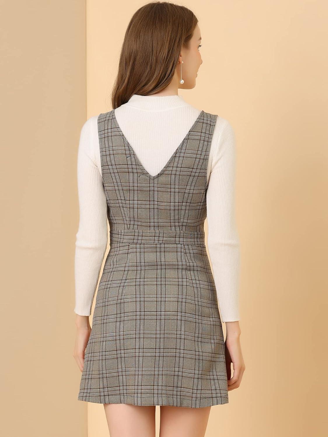 imageAllegra K Womens Overall Dresses Fall Jumper Halloween Houndstooth Pinafore Plaid DressesBrown Black