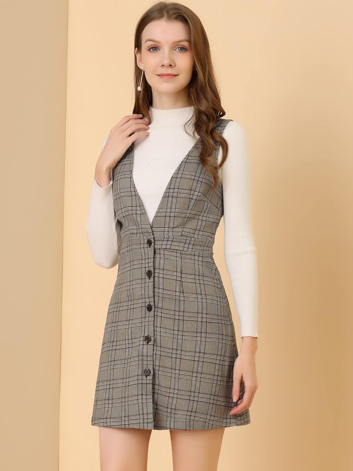 imageAllegra K Womens Overall Dresses Fall Jumper Halloween Houndstooth Pinafore Plaid DressesBrown Black