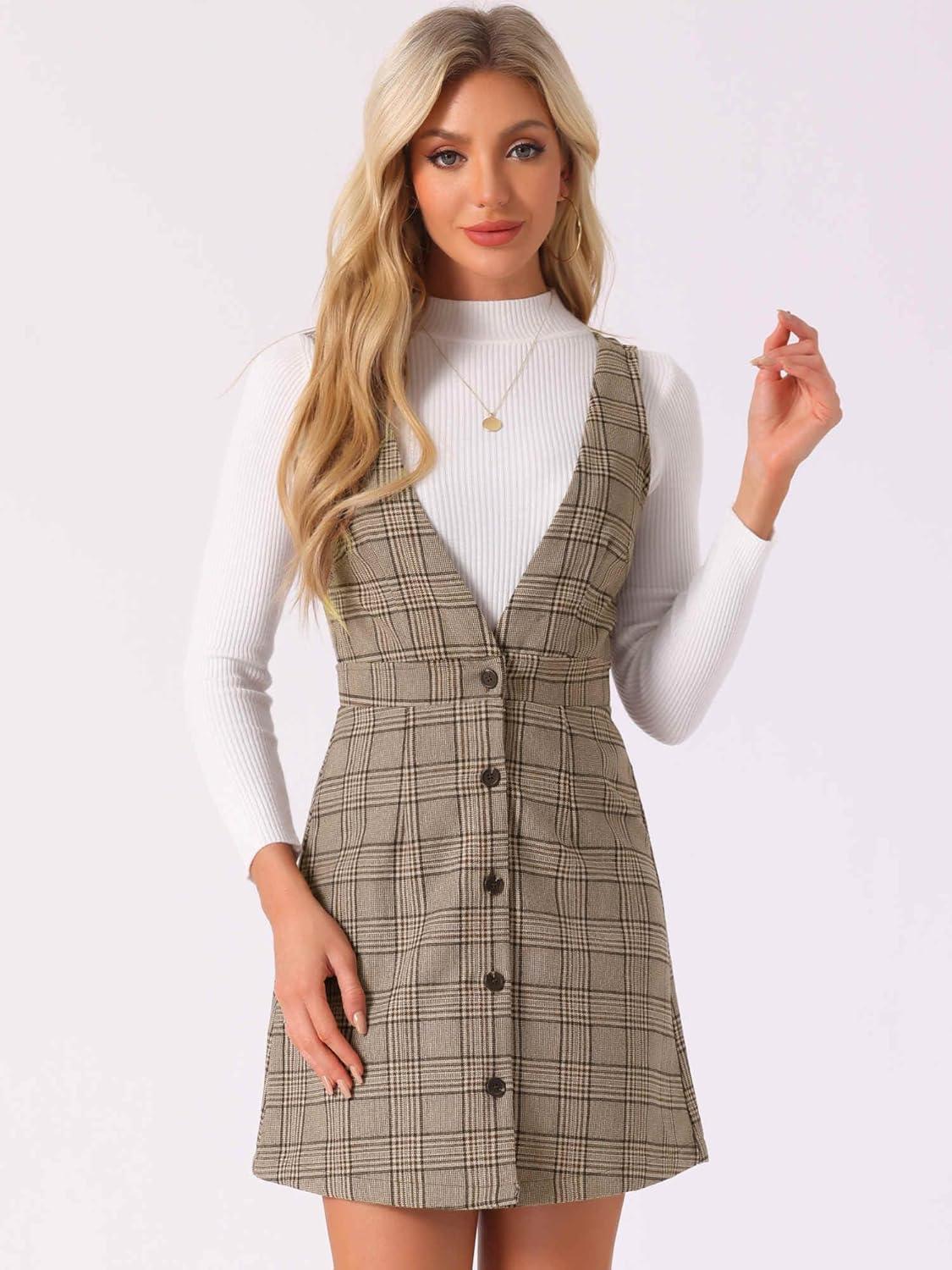 imageAllegra K Womens Overall Dresses Fall Jumper Halloween Houndstooth Pinafore Plaid DressesBrown Check