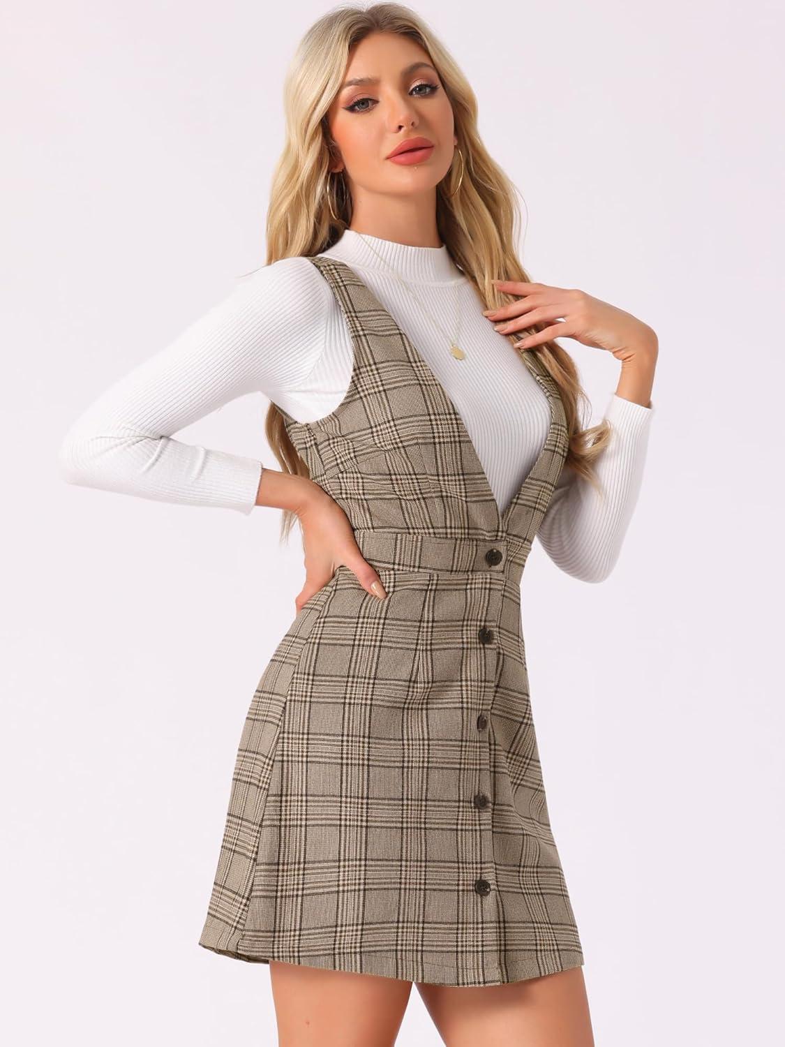 imageAllegra K Womens Overall Dresses Fall Jumper Halloween Houndstooth Pinafore Plaid DressesBrown Check