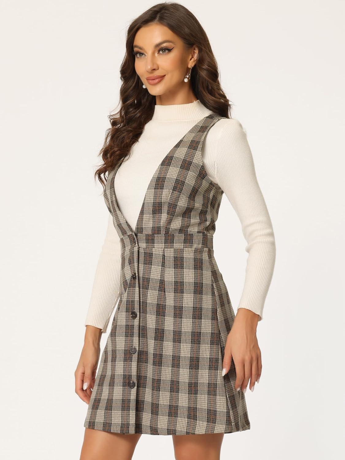 imageAllegra K Womens Overall Dresses Fall Jumper Halloween Houndstooth Pinafore Plaid DressesBrown Orange
