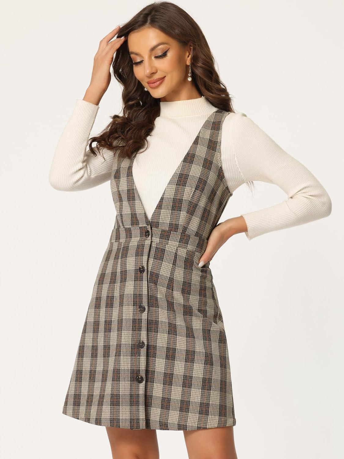 imageAllegra K Womens Overall Dresses Fall Jumper Halloween Houndstooth Pinafore Plaid DressesBrown Orange