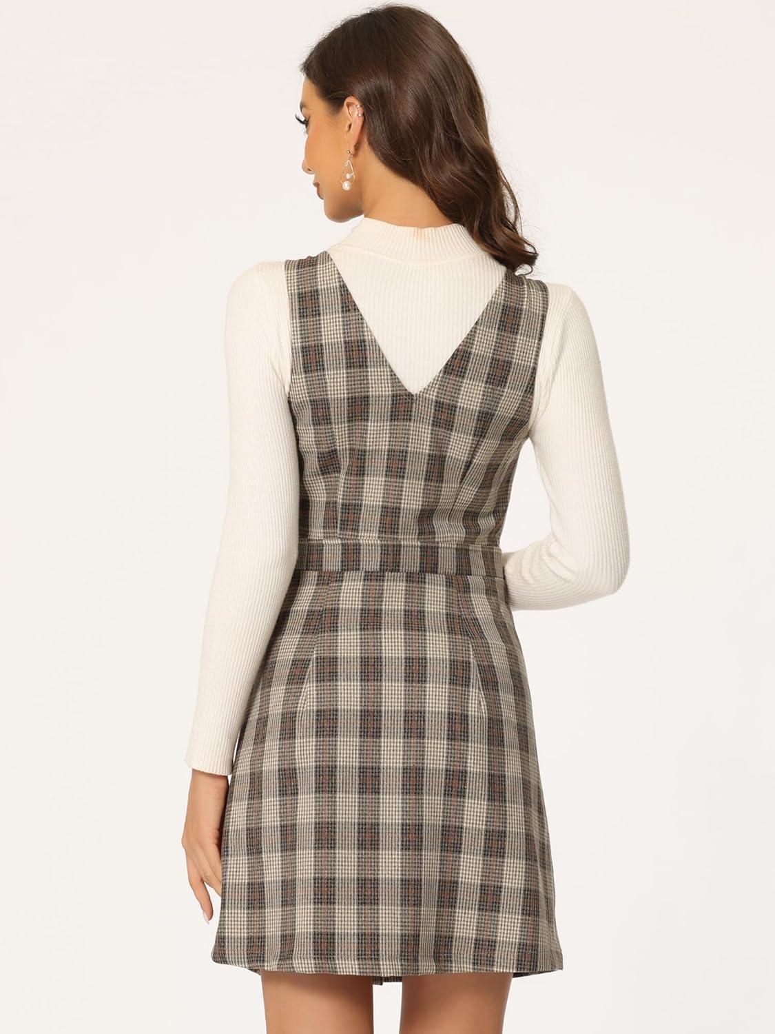imageAllegra K Womens Overall Dresses Fall Jumper Halloween Houndstooth Pinafore Plaid DressesBrown Orange