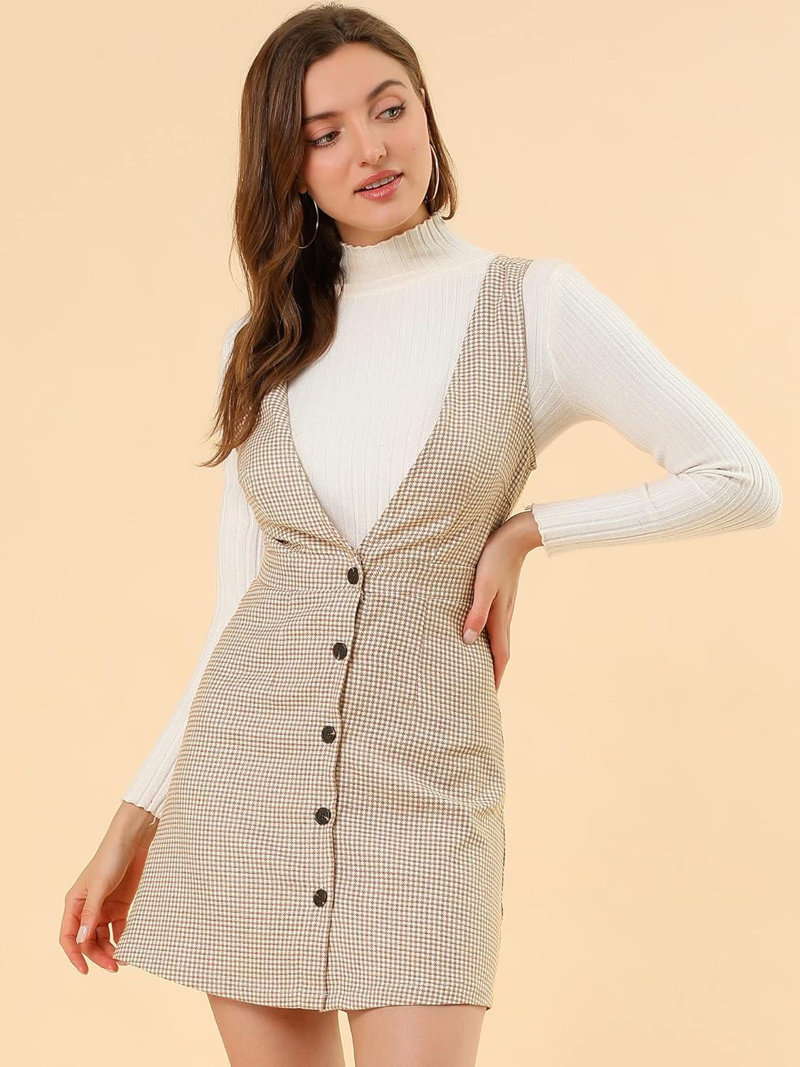 imageAllegra K Womens Overall Dresses Fall Jumper Halloween Houndstooth Pinafore Plaid DressesBrown White