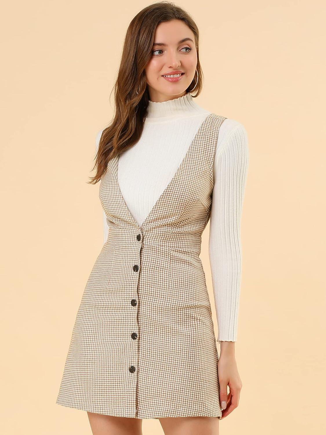 imageAllegra K Womens Overall Dresses Fall Jumper Halloween Houndstooth Pinafore Plaid DressesBrown White