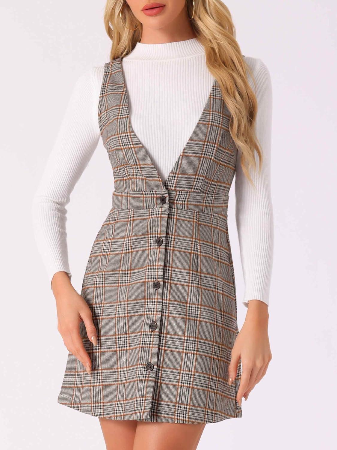 imageAllegra K Womens Overall Dresses Fall Jumper Halloween Houndstooth Pinafore Plaid DressesGray Brown