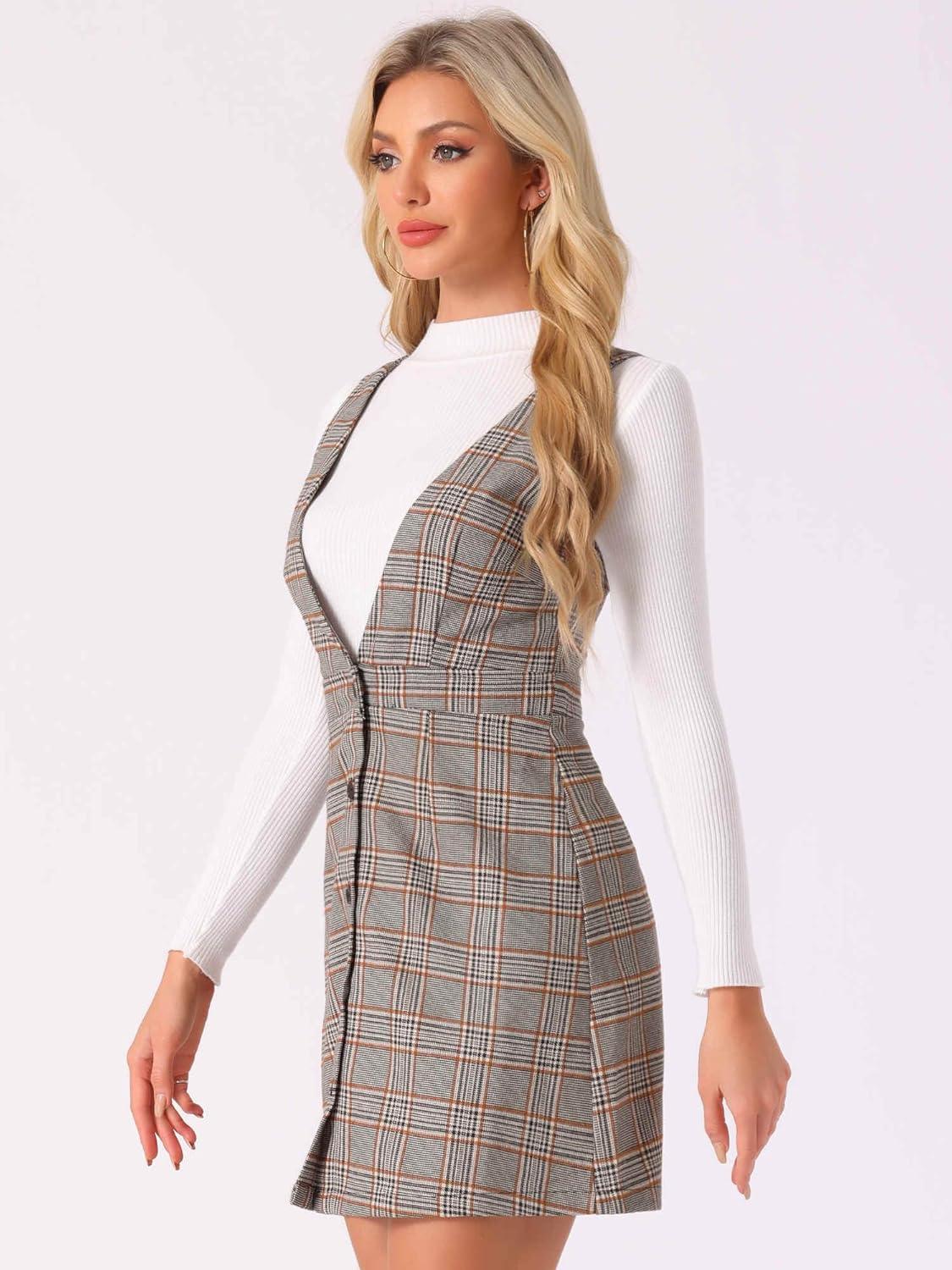 imageAllegra K Womens Overall Dresses Fall Jumper Halloween Houndstooth Pinafore Plaid DressesGray Brown