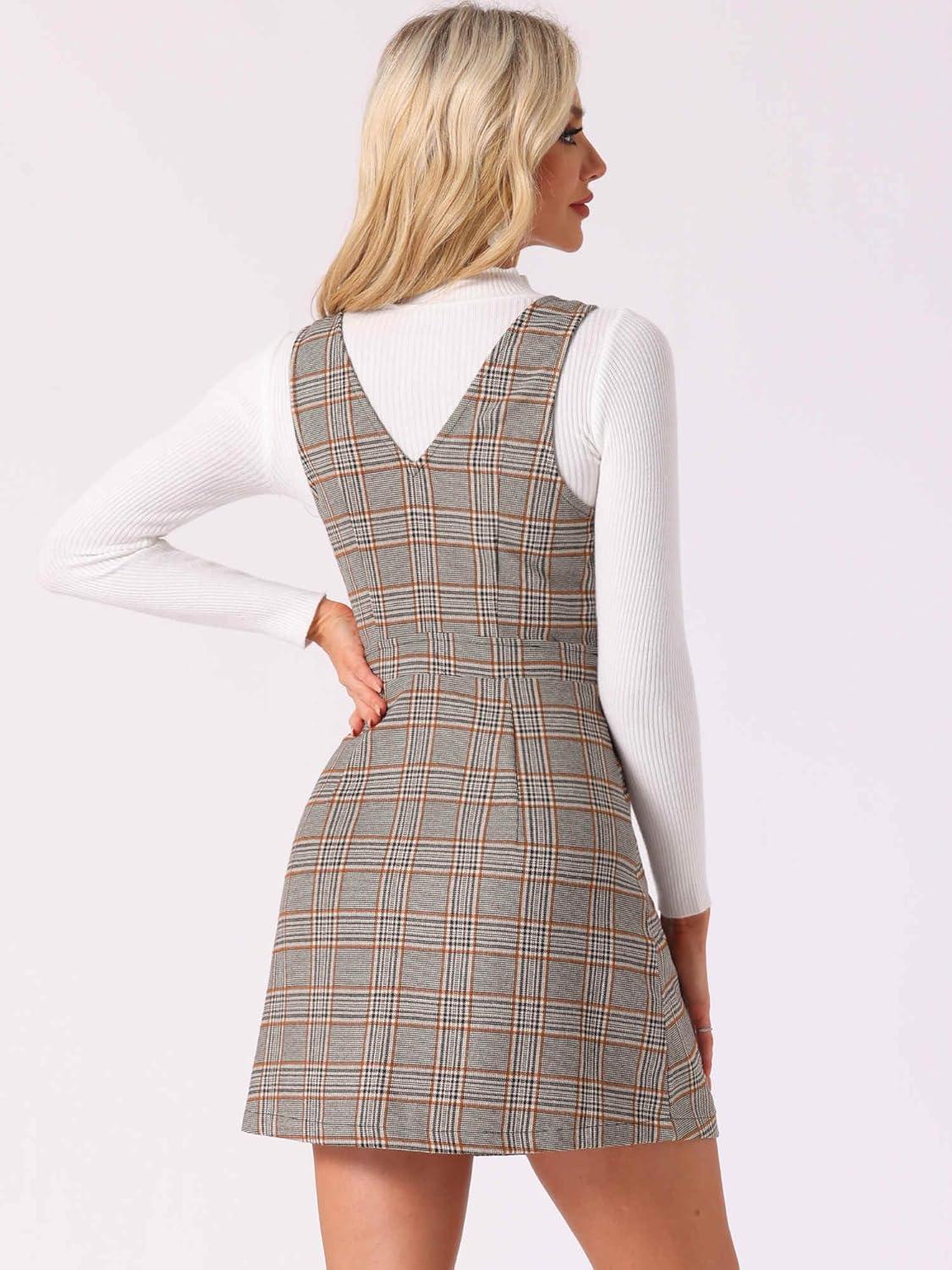 imageAllegra K Womens Overall Dresses Fall Jumper Halloween Houndstooth Pinafore Plaid DressesGray Brown