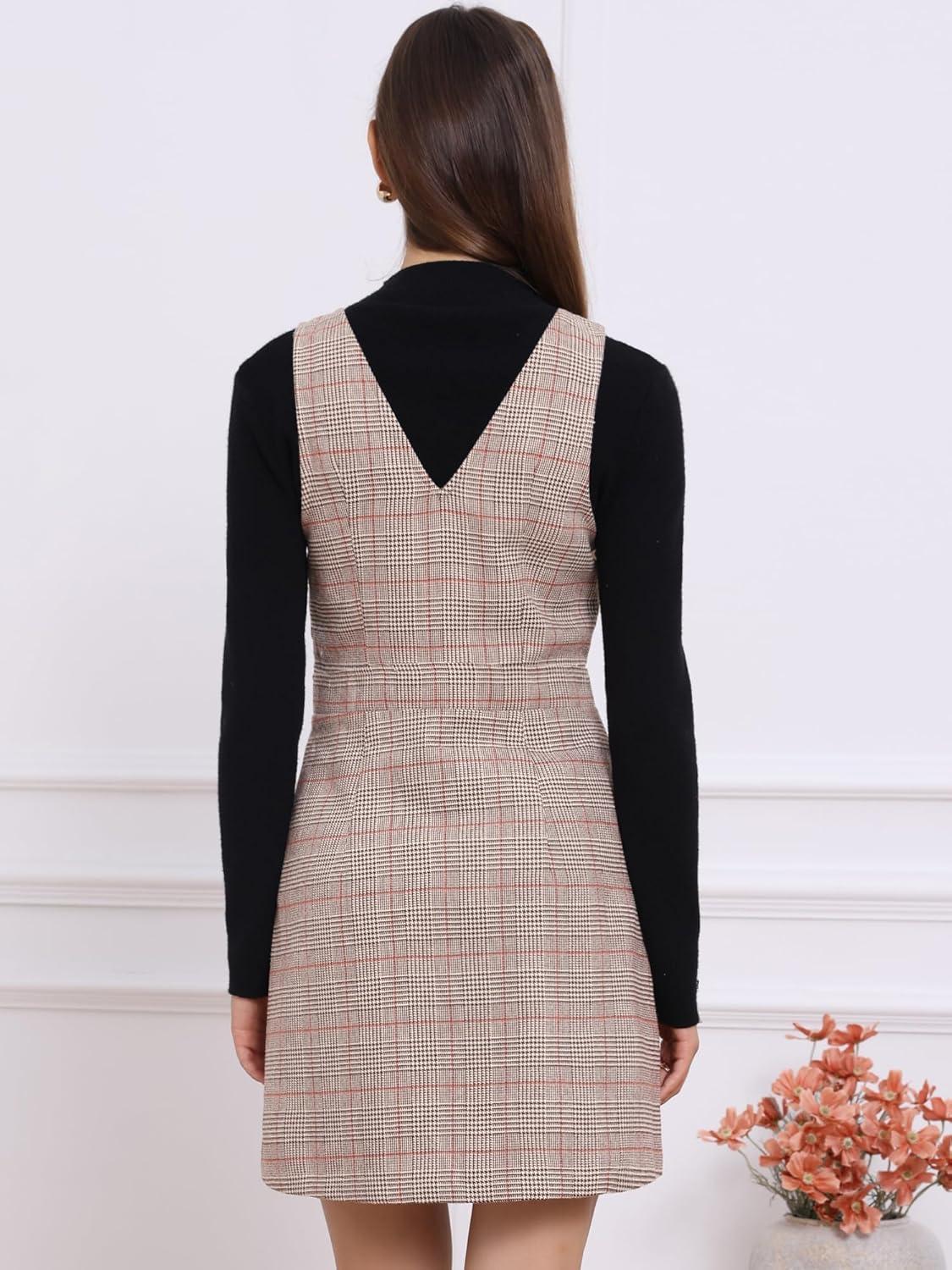 imageAllegra K Womens Overall Dresses Fall Jumper Halloween Houndstooth Pinafore Plaid DressesKhaki Check