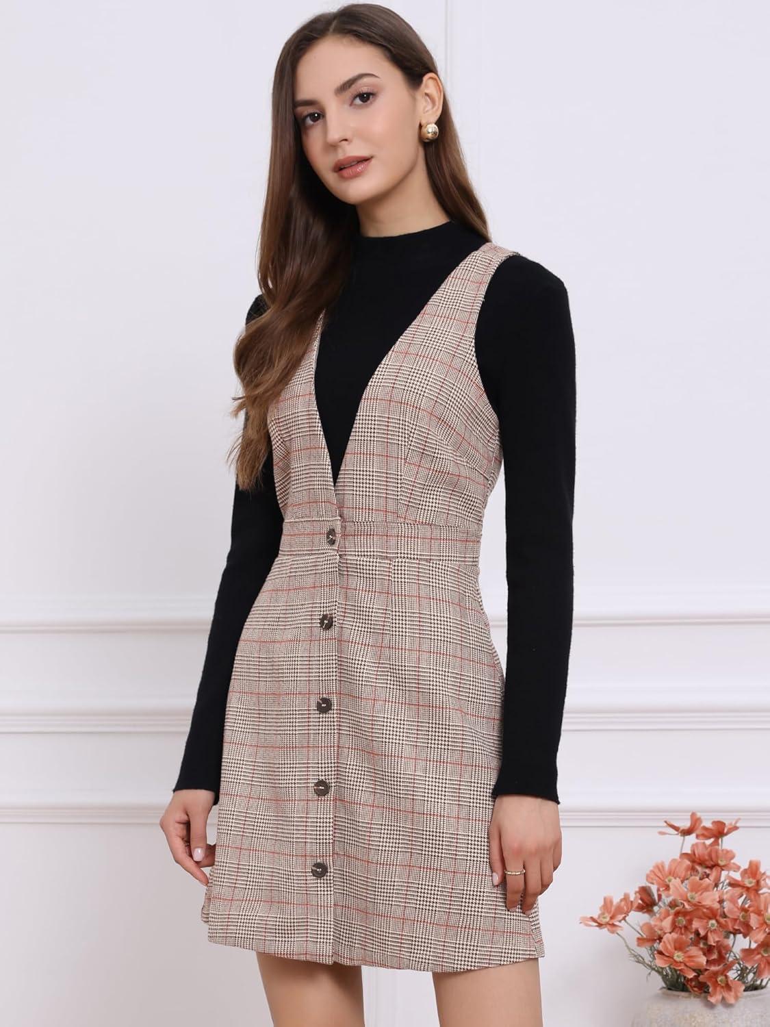 imageAllegra K Womens Overall Dresses Fall Jumper Halloween Houndstooth Pinafore Plaid DressesKhaki Check