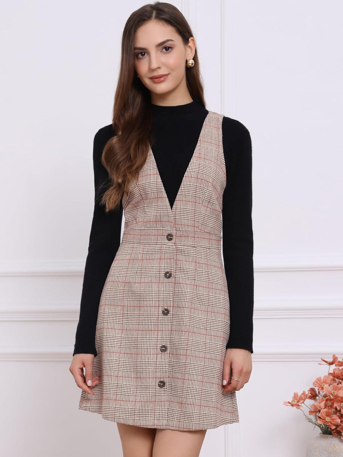 imageAllegra K Womens Overall Dresses Fall Jumper Halloween Houndstooth Pinafore Plaid DressesKhaki Check
