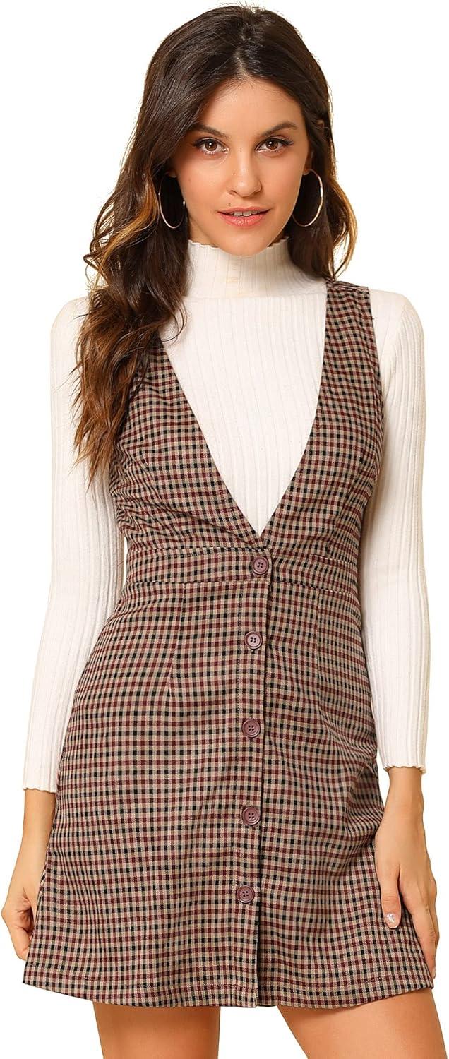 imageAllegra K Womens Overall Dresses Fall Jumper Halloween Houndstooth Pinafore Plaid DressesRed Black