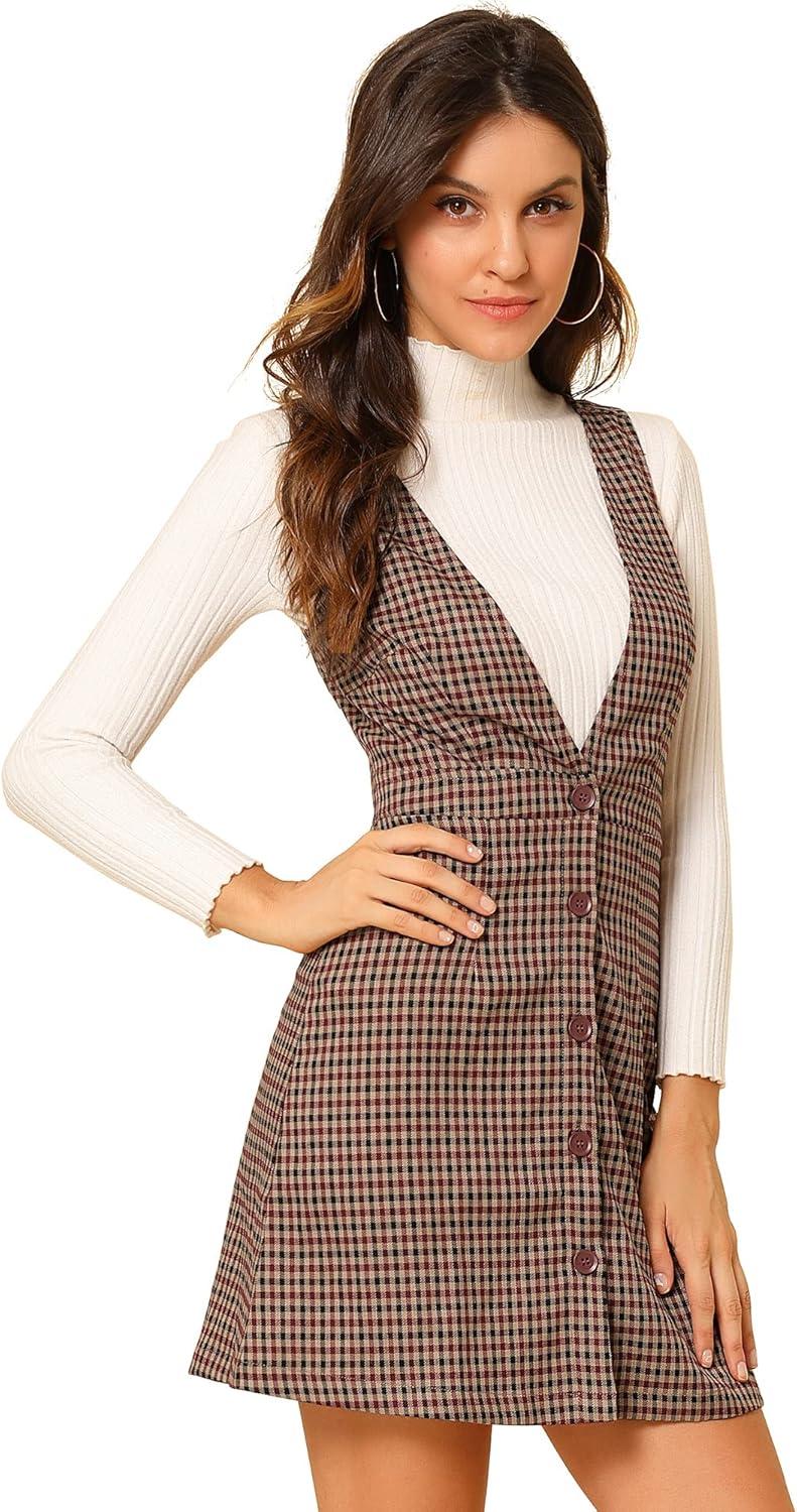 imageAllegra K Womens Overall Dresses Fall Jumper Halloween Houndstooth Pinafore Plaid DressesRed Black