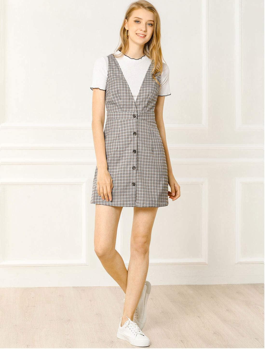 imageAllegra K Womens Overall Dresses Fall Jumper Halloween Houndstooth Pinafore Plaid DressesWhite