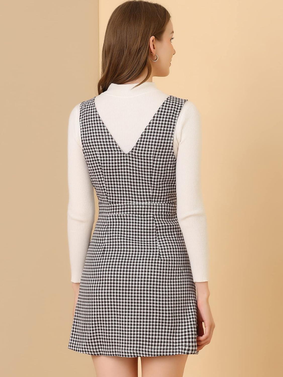 imageAllegra K Womens Overall Dresses Fall Jumper Halloween Houndstooth Pinafore Plaid DressesWhite Brown