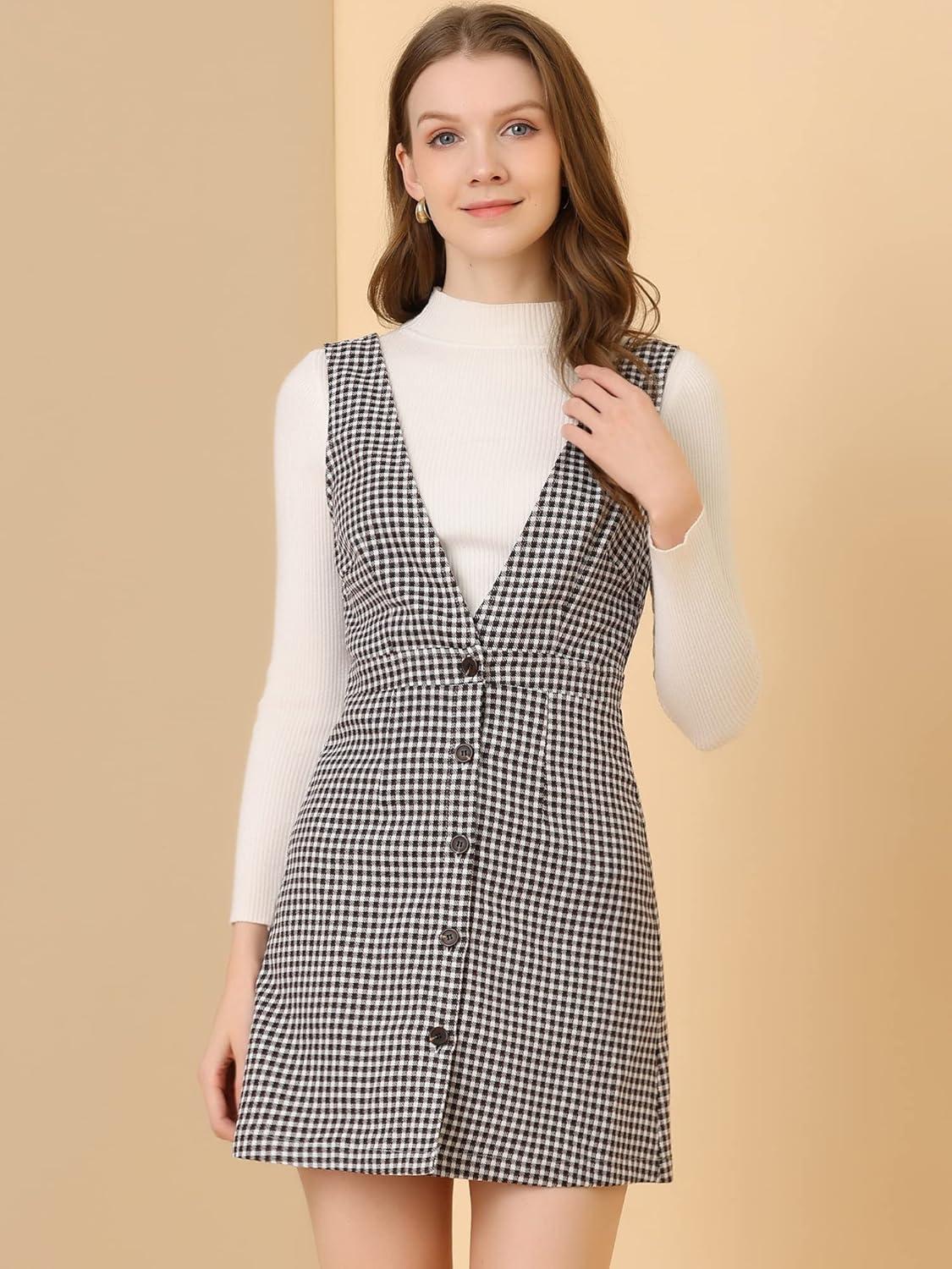 imageAllegra K Womens Overall Dresses Fall Jumper Halloween Houndstooth Pinafore Plaid DressesWhite Brown