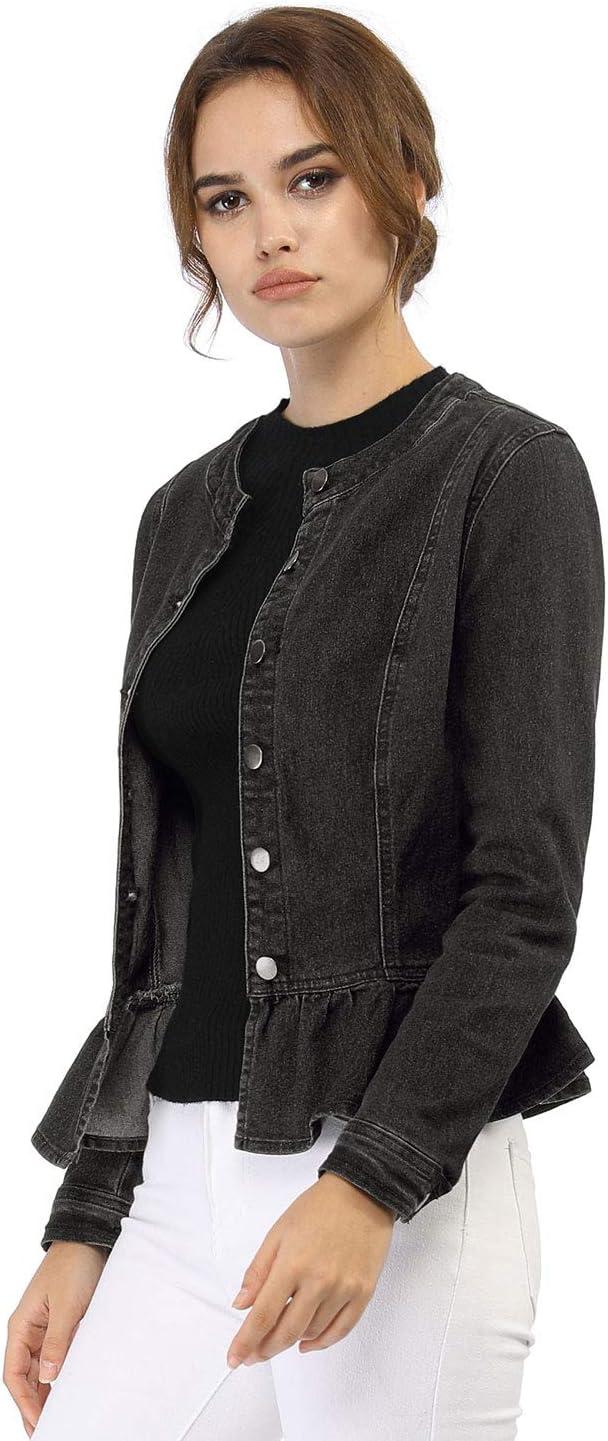 imageAllegra K Womens Peplum Denim Jackets Collarless Round Neck Button Down Cropped Ruffle Hem JacketBlack