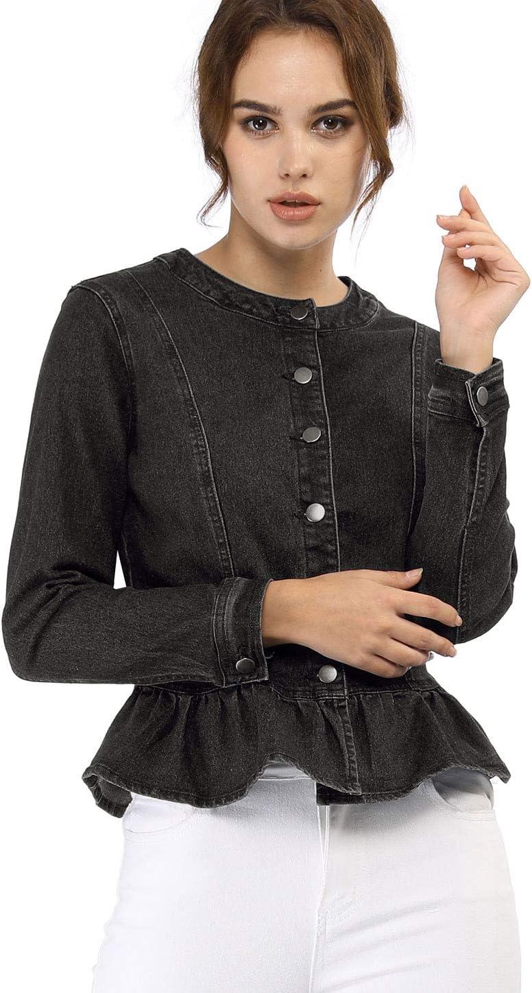 imageAllegra K Womens Peplum Denim Jackets Collarless Round Neck Button Down Cropped Ruffle Hem JacketBlack