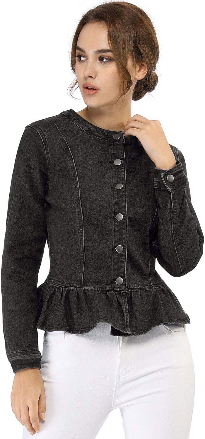 imageAllegra K Womens Peplum Denim Jackets Collarless Round Neck Button Down Cropped Ruffle Hem JacketBlack