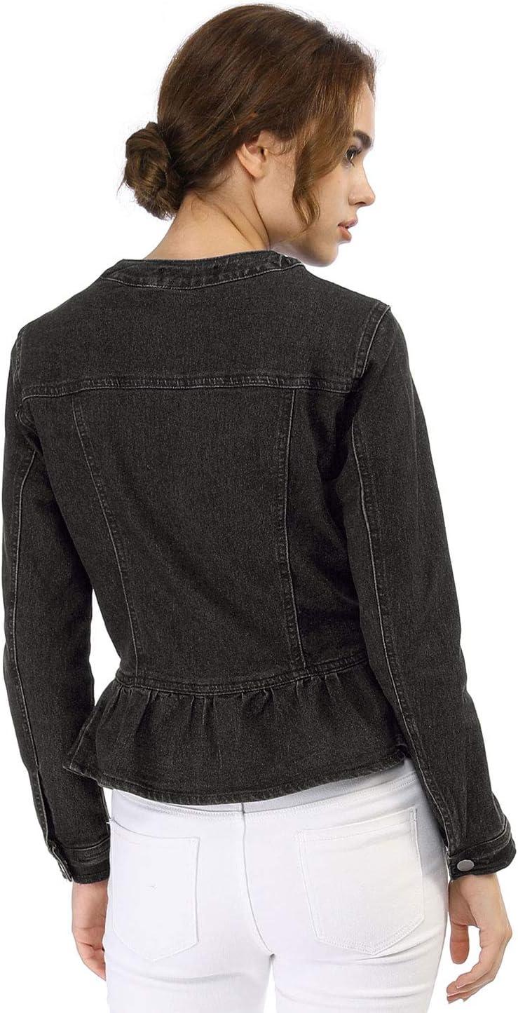imageAllegra K Womens Peplum Denim Jackets Collarless Round Neck Button Down Cropped Ruffle Hem JacketBlack