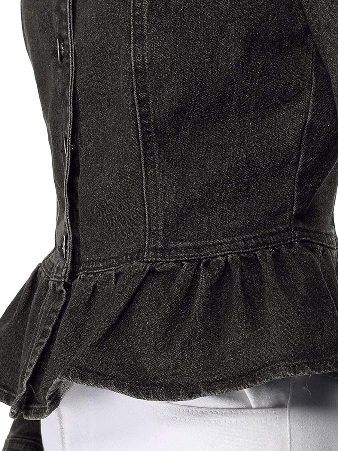 imageAllegra K Womens Peplum Denim Jackets Collarless Round Neck Button Down Cropped Ruffle Hem JacketBlack